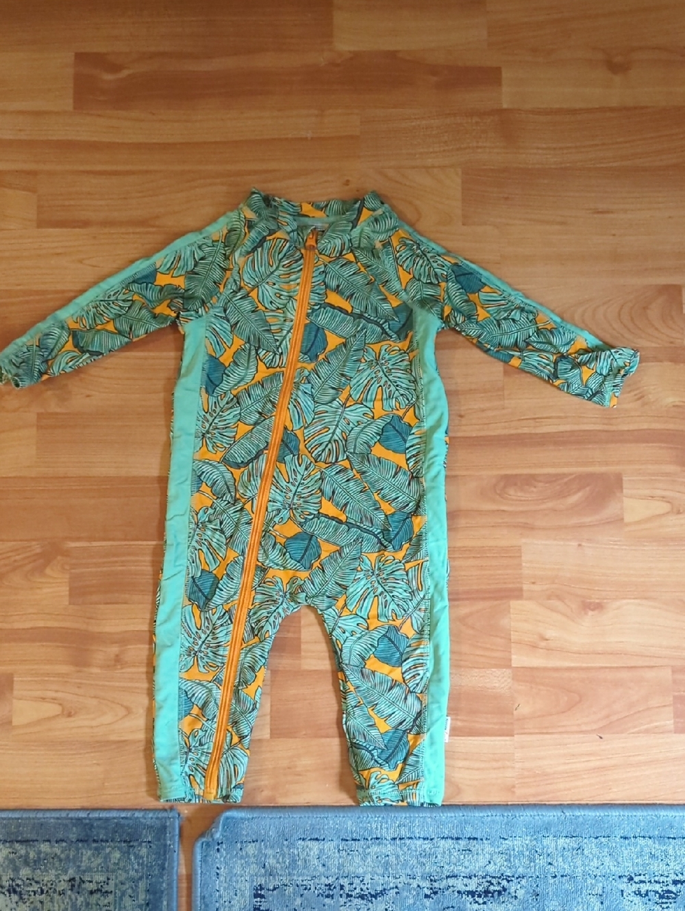 Kids Tropical Leaf Zip-Front Swim Footie - Green/Yellow